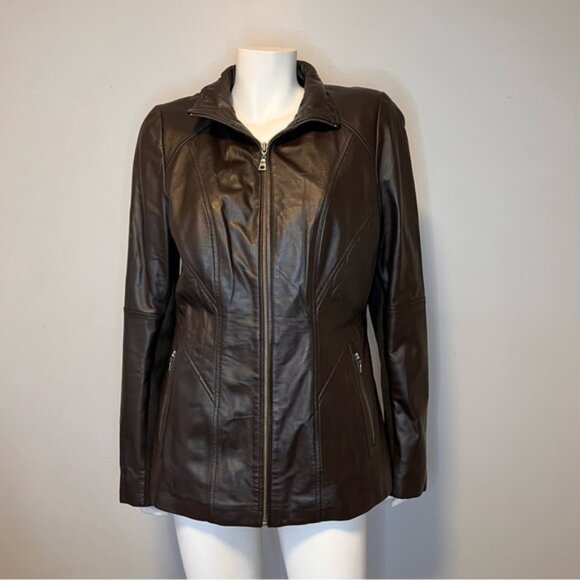 Danier Genuine Leather Chocolate Brown Zipper Front Jacket Size L - Picture 1 of 15